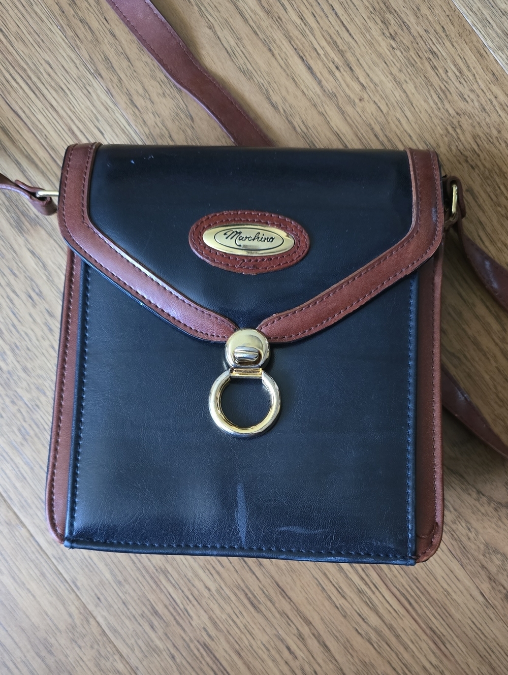 Marchino Black and Brown Leather Crossbody Bag Purse